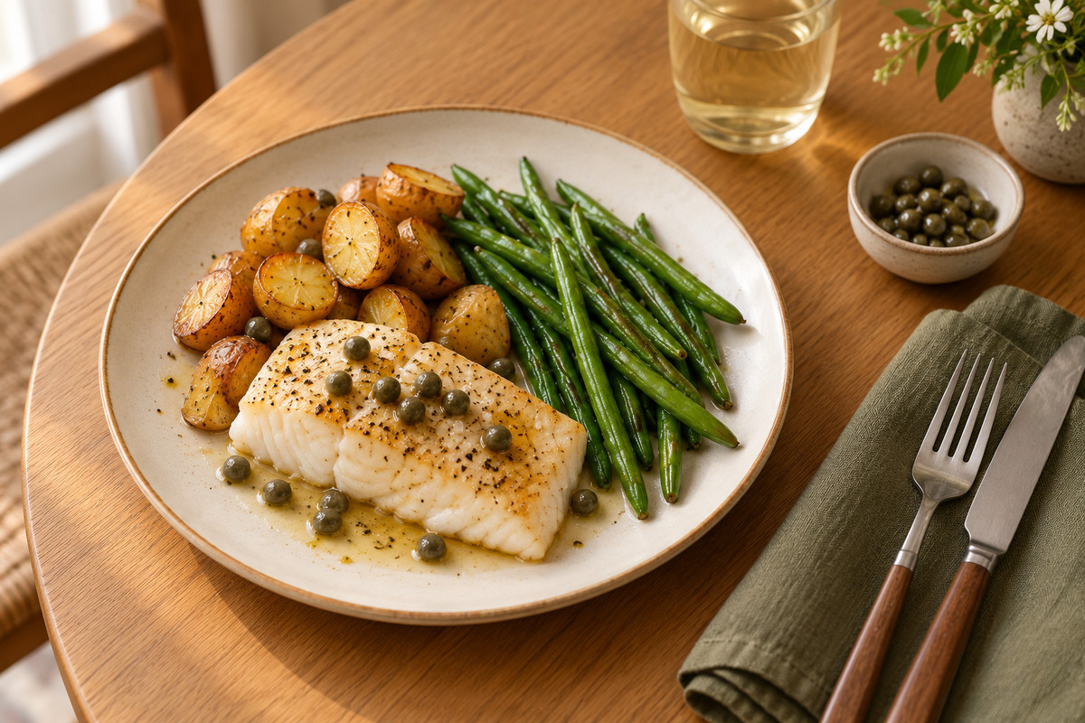Caper haddock with green beans & potatoes — serving illustration
