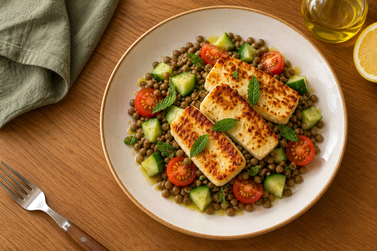 Halloumi, lentil & cucumber salad — serving illustration