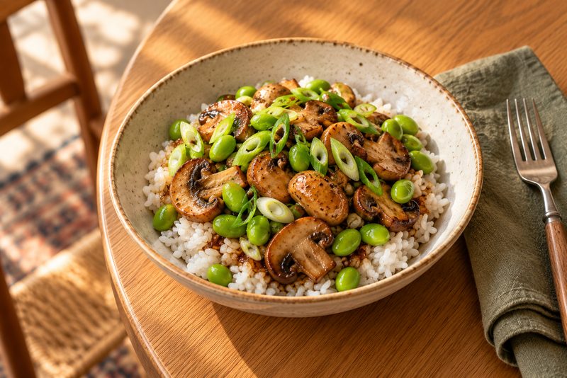 Miso mushrooms & edamame rice — serving illustration