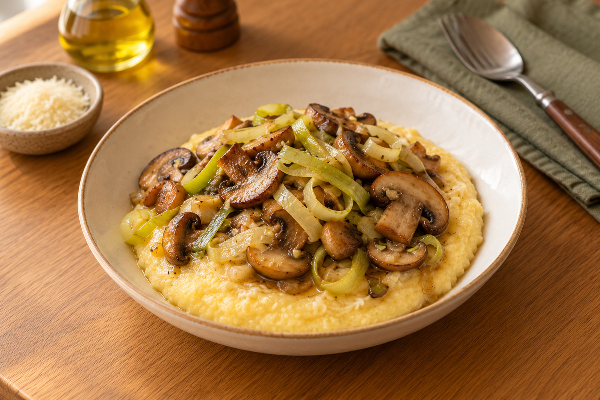 Mushroom & leek polenta bowls — serving illustration