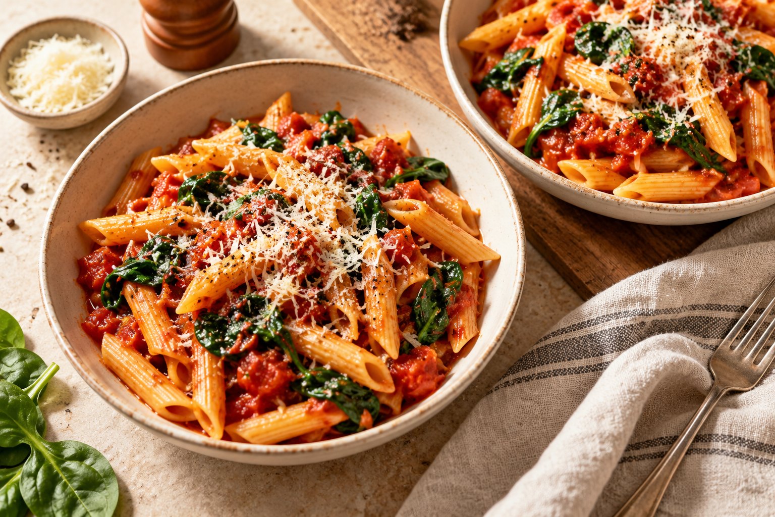 Tomato & spinach pasta — serving illustration