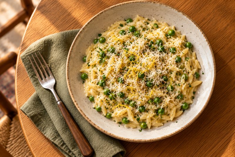 Lemon, pea & Parmesan orzo — serving illustration