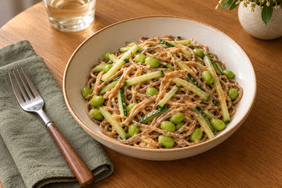 Peanut soba with cucumber & edamame — serving illustration