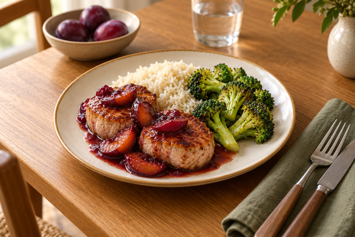 Plum-glazed pork with broccoli rice — serving illustration