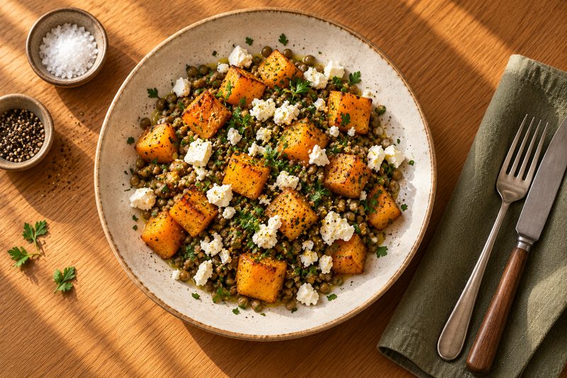 Roast squash & lentils with feta — serving illustration