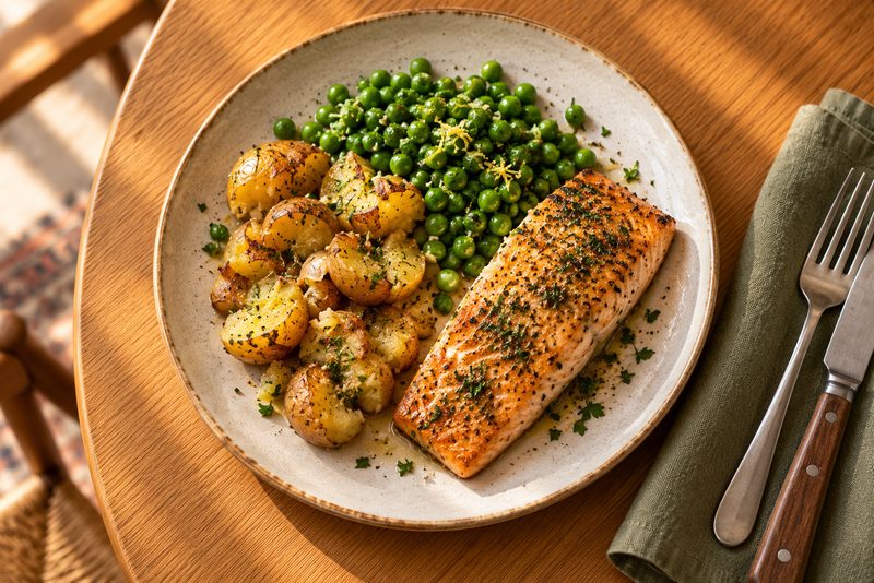 Roast salmon, potatoes & peas — serving illustration