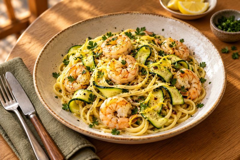 Lemon shrimp & zucchini linguine — serving illustration