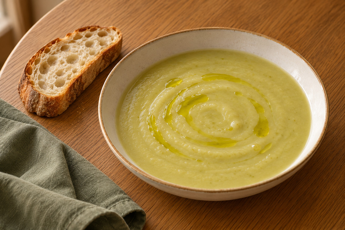 Silky leek & potato soup — serving illustration