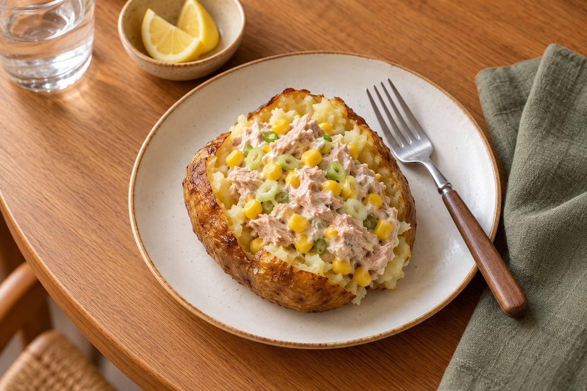 Tuna & sweetcorn jacket potatoes — serving illustration