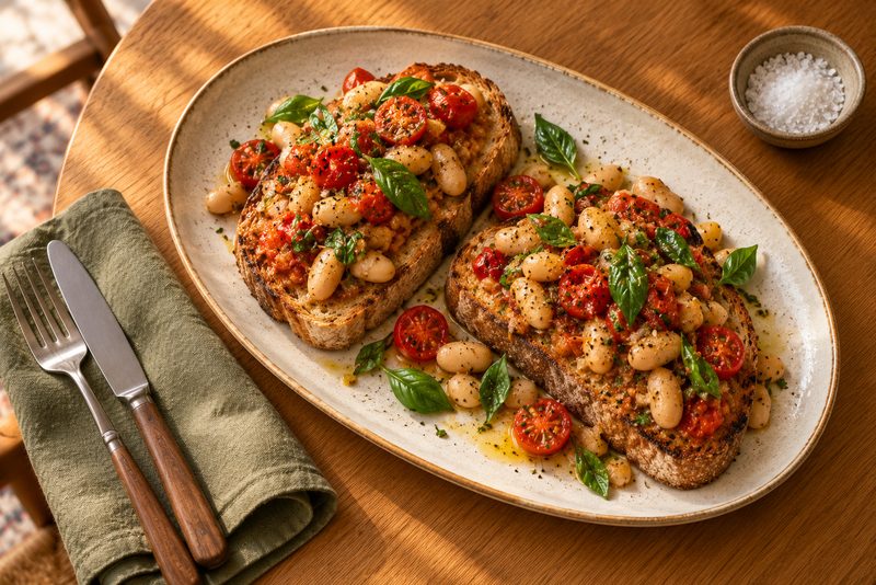 White bean & blistered tomato toast — serving illustration